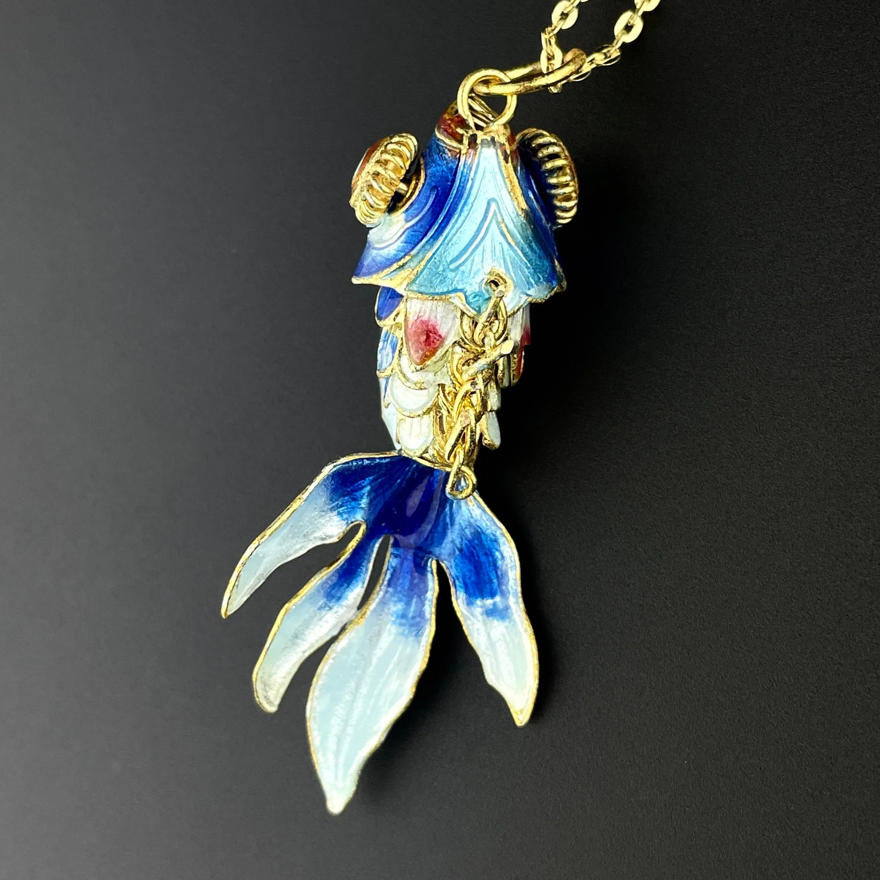 Vintage Blue Enamel Gold Vermeil Articulated Koi Fish Pendant Necklace