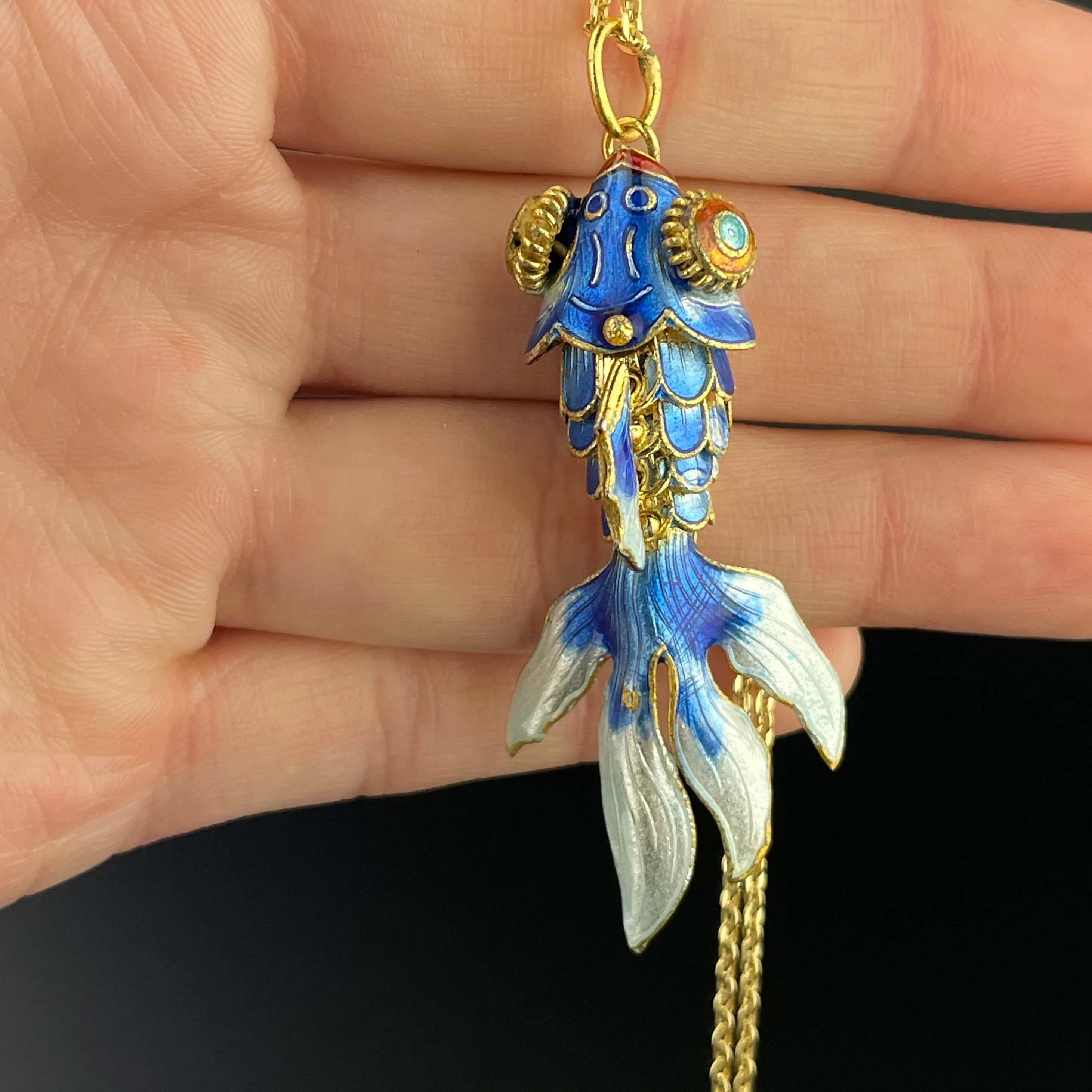 Vintage Blue Enamel Gold Vermeil Articulated Koi Fish Pendant Necklace