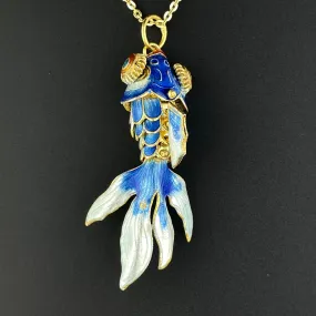 Vintage Blue Enamel Gold Vermeil Articulated Koi Fish Pendant Necklace