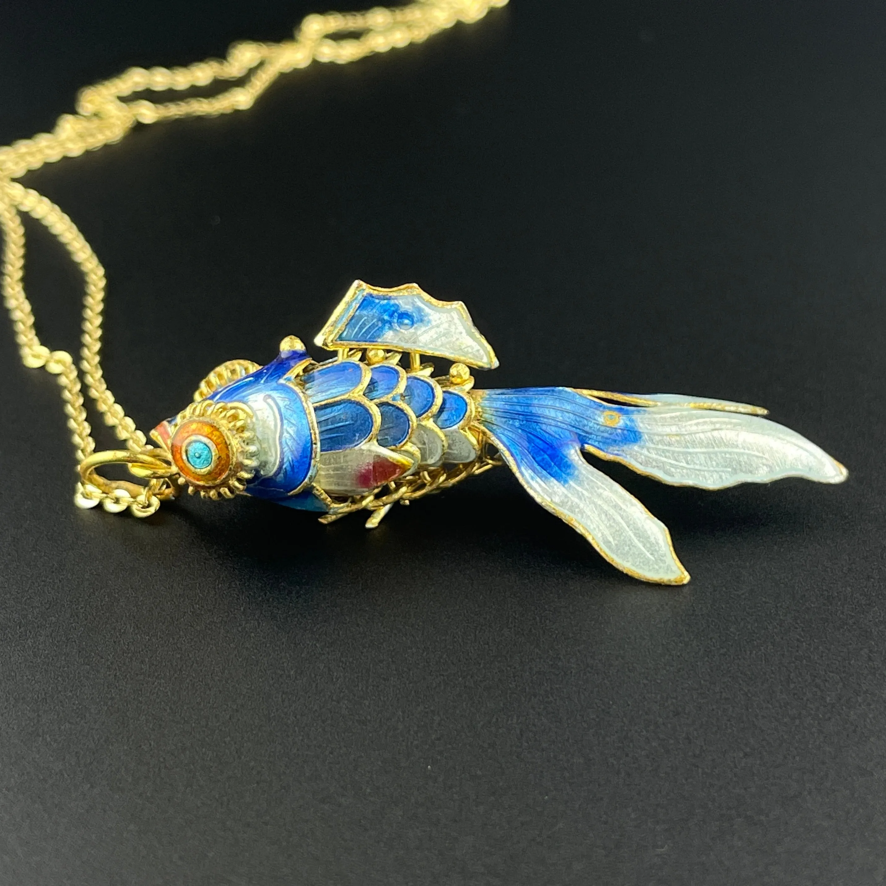 Vintage Blue Enamel Gold Vermeil Articulated Koi Fish Pendant Necklace