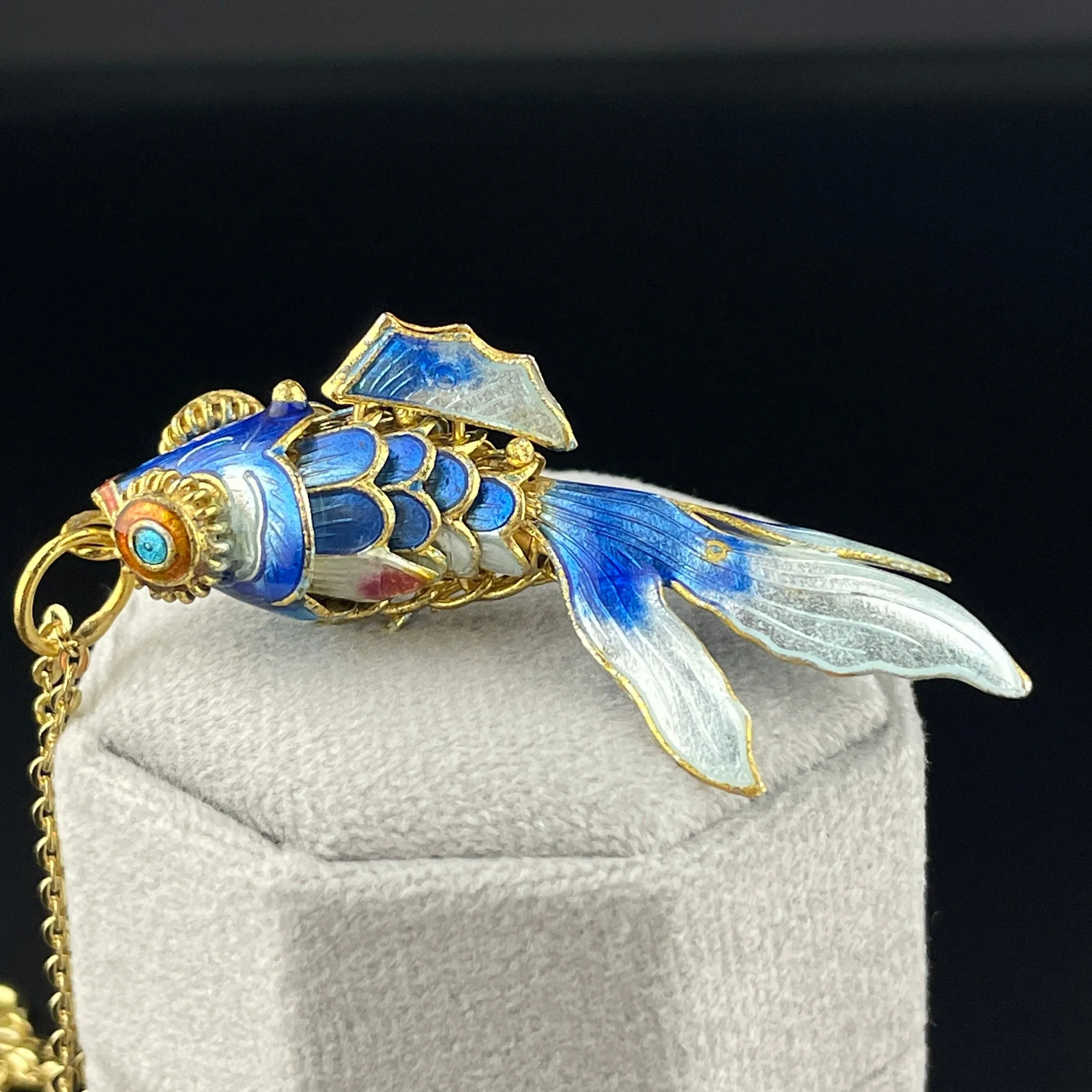 Vintage Blue Enamel Gold Vermeil Articulated Koi Fish Pendant Necklace