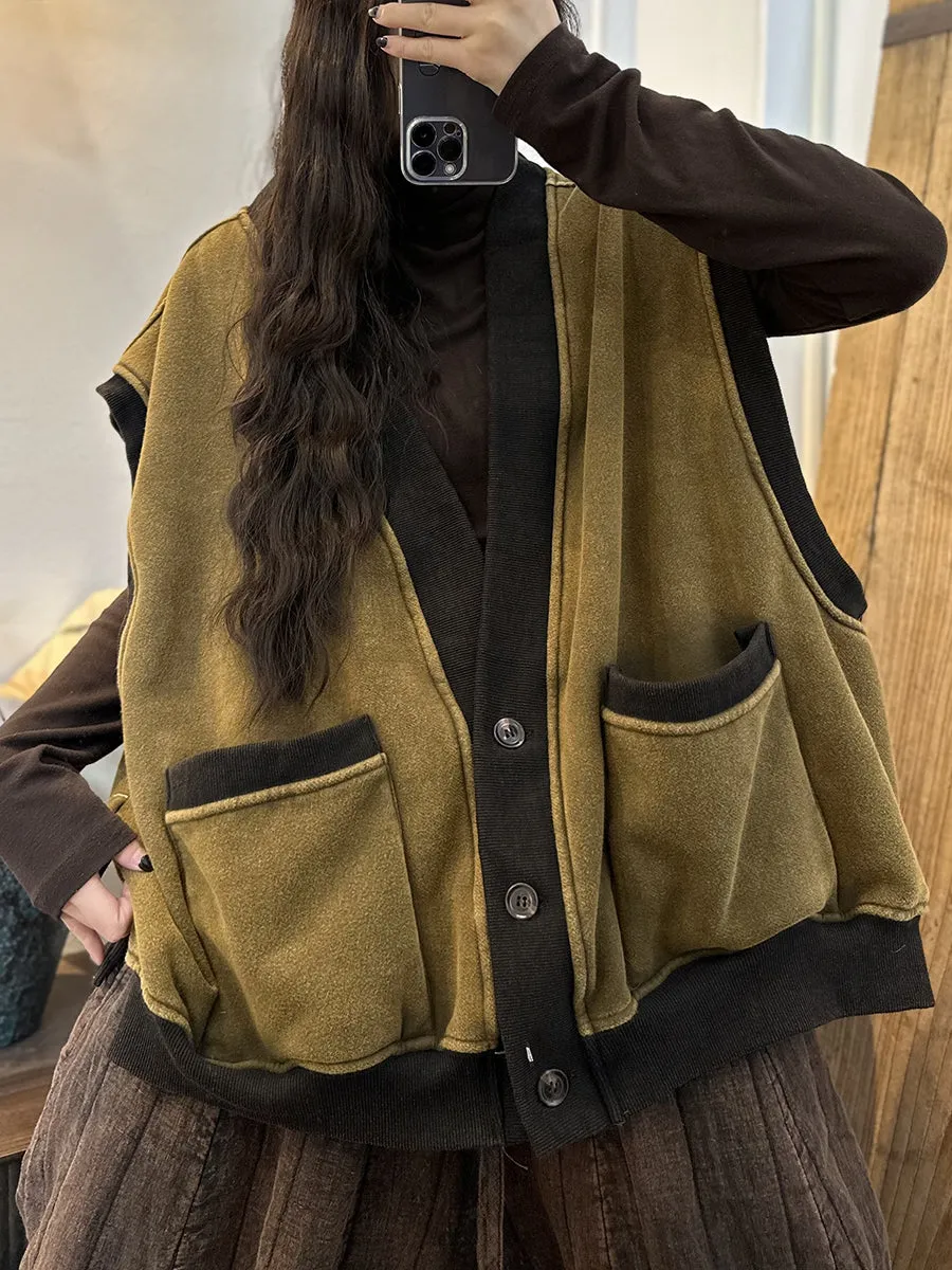 Women Winter Vintage Cotton V-Neck Padded Vest