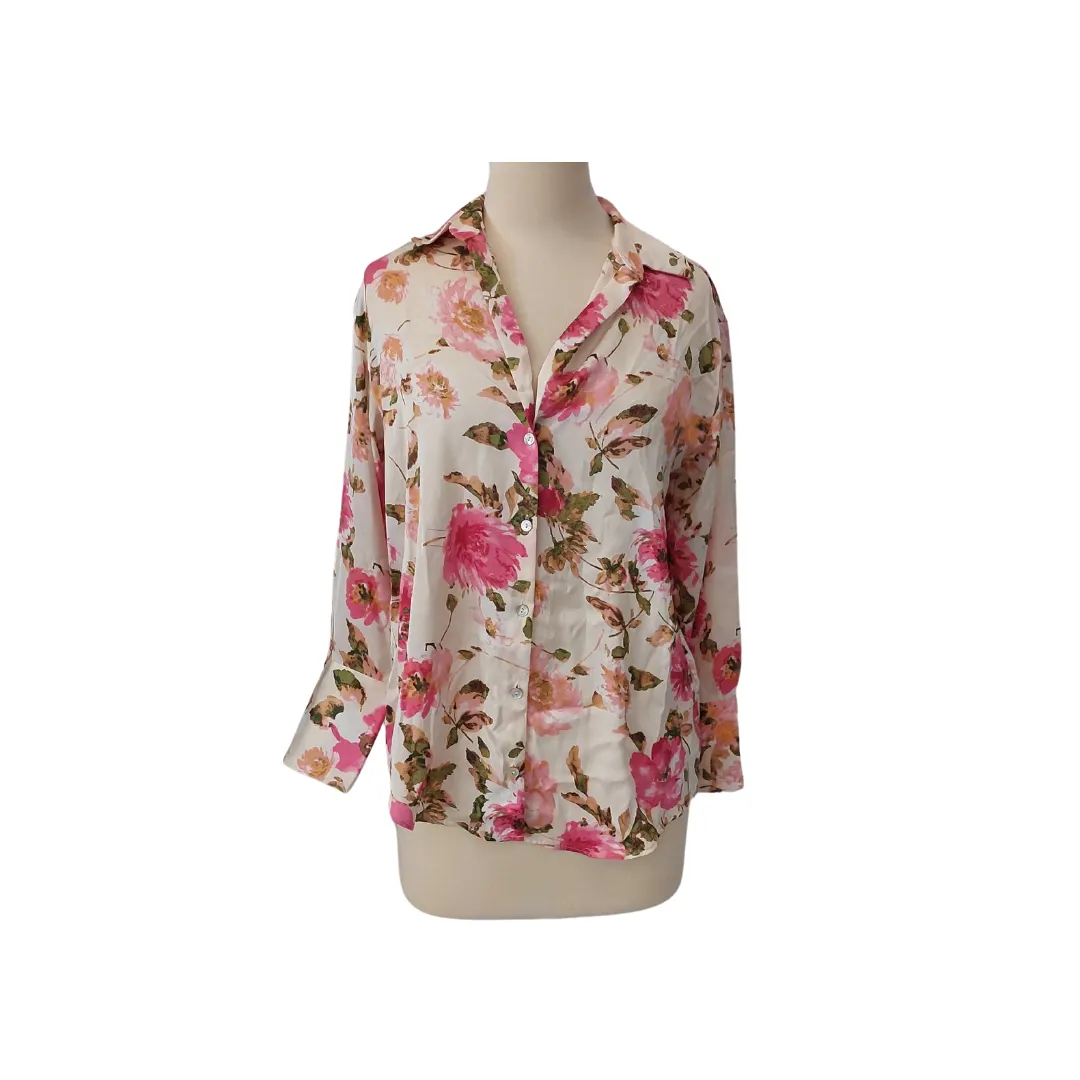 ZARA Cream Satin Floral Printed Collared Shirt | Brand new |